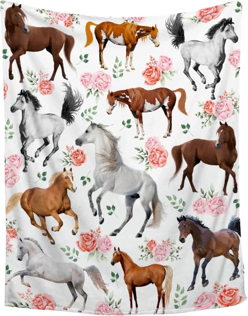 Horse Gifts for Girls Women Throw Blanket - Ultra Soft & Plush, Lightweight & Cozy, Breathable Horse Flower Bed Blanket - Animal Lovers, 40"x50" - Kids/Throw Size (01 -Horse Floral2)