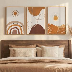 Framed Boho Neutral Terracotta Abstract Wall Art Bedroom, 3 Piece Beige Orange Sun Arch Canvas Artwork for Walls, Mid Century Modern Rainbow Prints Wall Decor for Living Room Nursery Room, 16x24 Inch