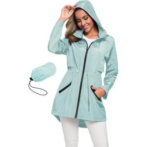 Avoogue Women's Long Raincoat with Hood Outdoor Lightweight Windbreaker Rain Jacket Waterproof (Blue, XXL)