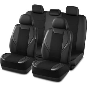 Road Comforts Car Seat Cover Full Set, Leather Mesh Seat Covers, Airbag Compatible, Universal Fit for Most Cars, SUVs, Trucks, and Vans - Black