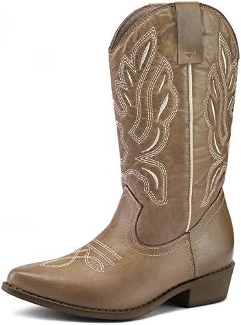 mysoft Women's Western Cowboy Boots Embroidered Mid-Calf Pointed Toe Cowgirl Boot, 7