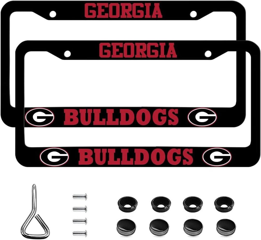 2 Pcs Premium Aluminum Alloy License Plate Frame for UGA Bulldogs Car Tag License Plate Cover Holder with Screw Caps (Sliver-Black)