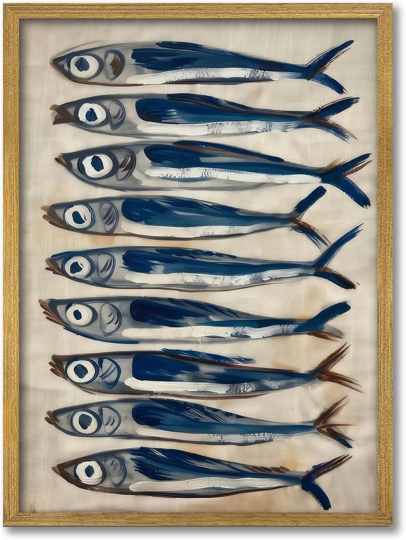 Coastal Sardine Wall Art Framed Nautical Fish Poster Rustic Beach House Wall Decor Kitchen Dining Room Sea Life Painting Vintage Ocean Animal Picture Print (Wood Frame) 16x24Inchs