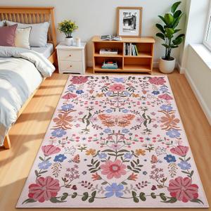 Terrug 4x6 Pink Floral Area Rug for Bedroom,Boho Machine Washable Ultra-Thin Rugs with Non-Slip Blacking for Living Room,Large Flower Carpet for Dining Room Playroom Floor Decor