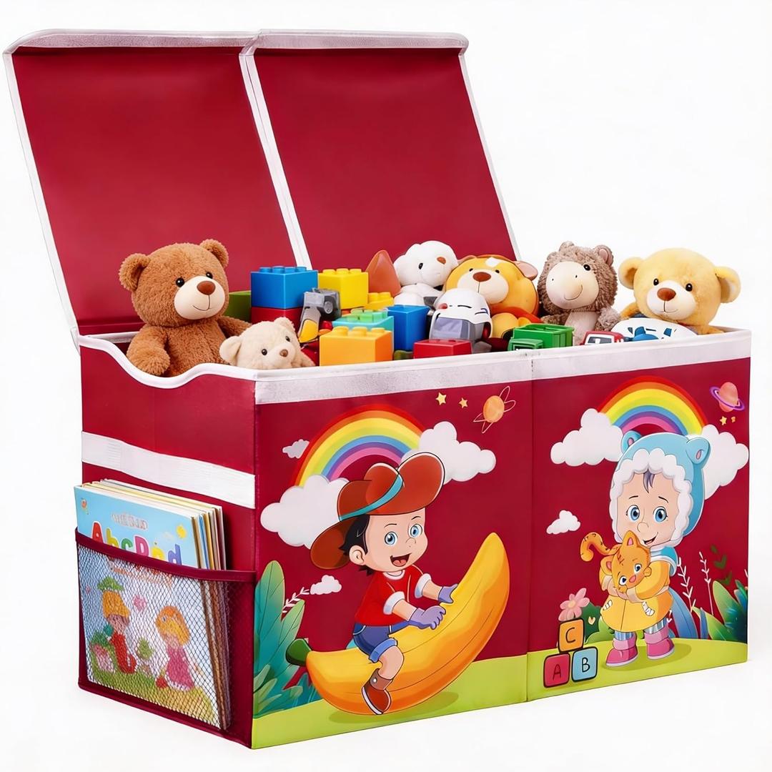 Extra Large Toy Box Chest, Collapsible Storage Organizer with Lids, Sturdy Cartoons Toybox for Boys Girls, 26"x13"x16" Kids Storage Bin Box Baskets for Living Room, Playroom, Nursery (Cherry Red)
