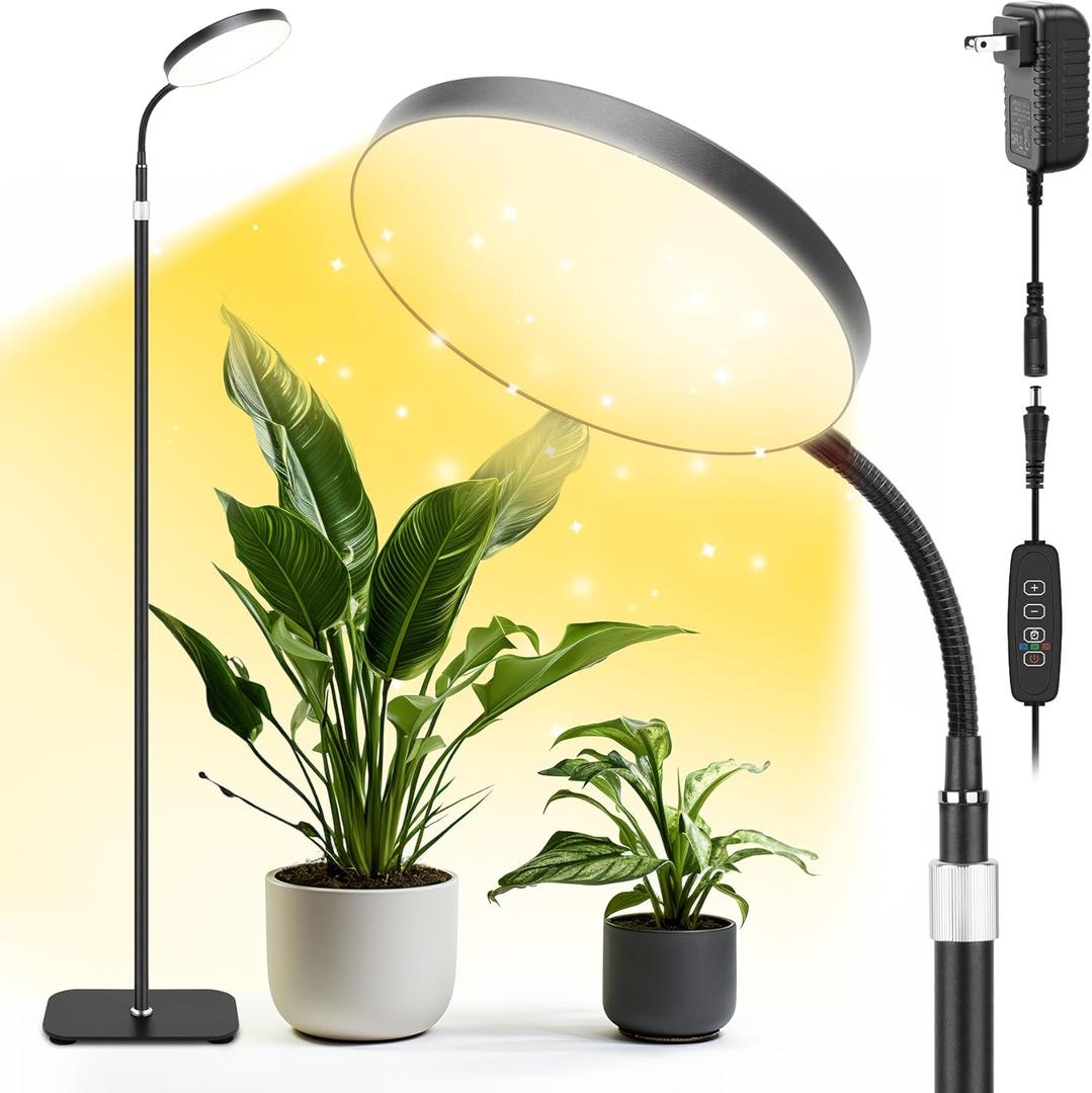 Plant Grow Lights for Indoor,20W Large Round Full Spectrum Warm Light with Gooseneck,63in Tall Stand Floor Growing Lamp, Auto Timer,10 Dimmable Levels for Tall Small Plants Flower Growth