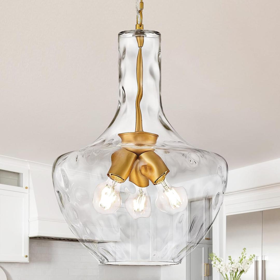 Modern 3-Light Gold Pendant Light Hammered Glass Kitchen Island Light Large Glass Pendant Lights Over Sink Brass Hand-Blown Glass Hanging Light for Kitchen Dining Room Hallway Entrance, 17.7in