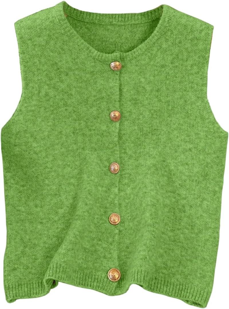 RoseSeek Women's Button Down Sweater Vest Sleeveless Crewneck Knit Knitwear (Green, XL)