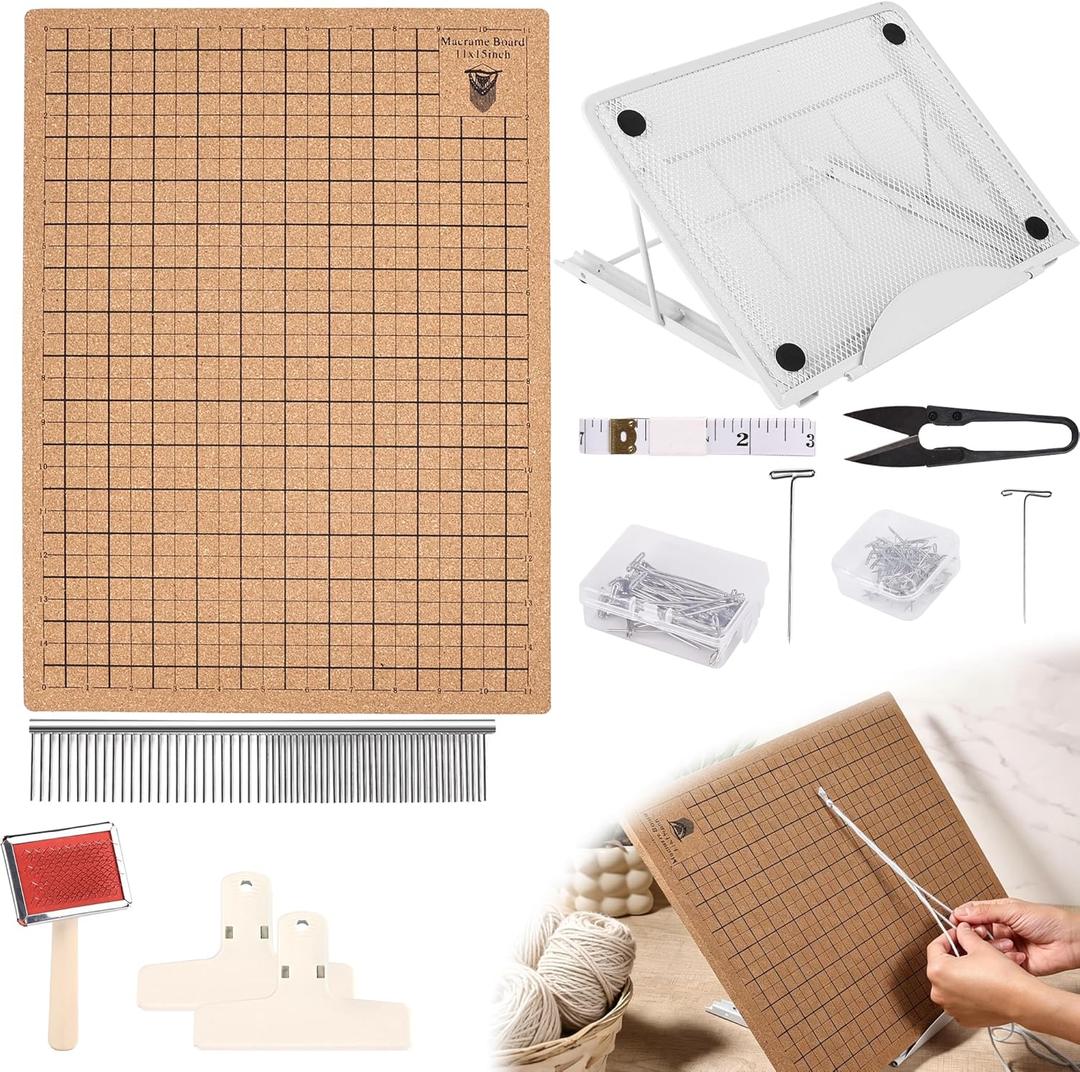 108 Pcs Complete Macrame Supplies with 1216 Inch Macrame Board, Double Sided Dual Grids, Metal Adjustable Holder, 100 T-Pins in 2 Sizes, Scissor, Ruler, Brush, Comb, Clips, All-in-One Macrame Kit