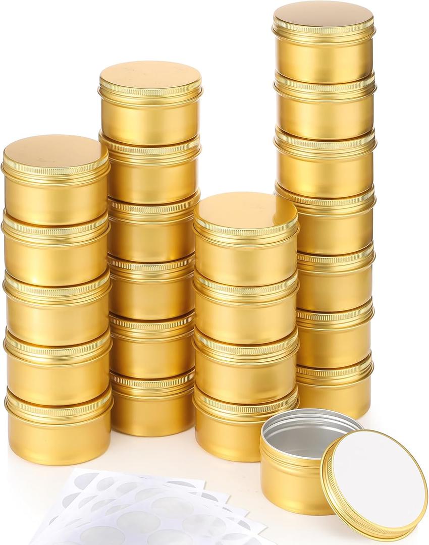 Patelai 36 Pcs 4 oz Metal Round Tins Aluminum Tin Cans Salve Tins Containers with Screw Lid 10 Sheets Stickers for Salve Spice Candies Balms Candles(Gold)