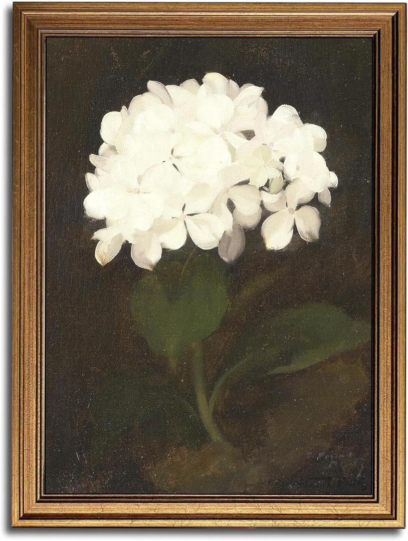 Gold Framed Wall Art Vintage Canvas Wall Art White Hydrangea Flower Floral Artwork Prints Picture for Living Room Bedroom Farmhouse Bathroom Office Decor, 16x24