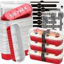 Ruckae 100 Pack Mini Loaf Pans with Lids and Spoons Stickers Disposable Aluminum Tin Foil Pans Rectangle Mini Loaf Cake Pan for Baking,Party,Picnics,Gifts(Red)