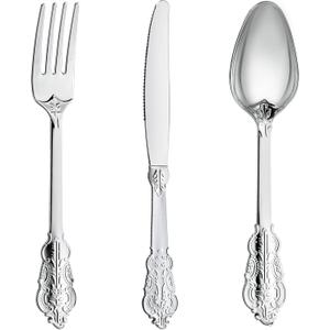 N9R 120PCS Silver Plastic Silverware, Heavy Duty Plastic Cutlery for Parties, Fancy Disposable Flatware Set Includes 40 Forks, 40 Spoons, and 40 Knives, Perfect for Weddings, Dinners, Picnics, Party