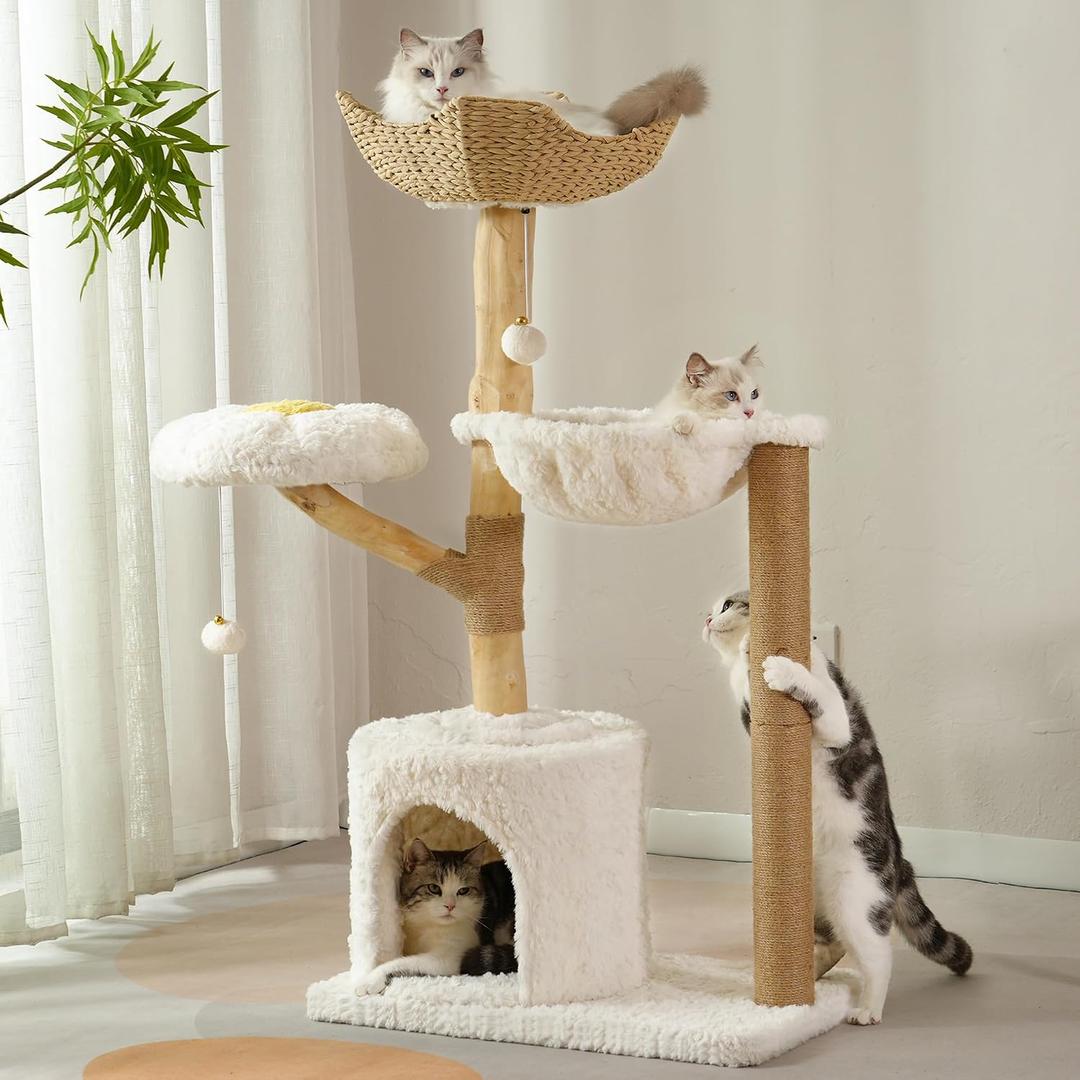Moewrista Modern Cat Tree with Hammock 48.5 Inches Cat Tower with Scratching Post,Featuring Real Wood Post,Large Rattan Basket, Spacious Flower Perch and Condo for Indoor Cat Large Adults-Beige