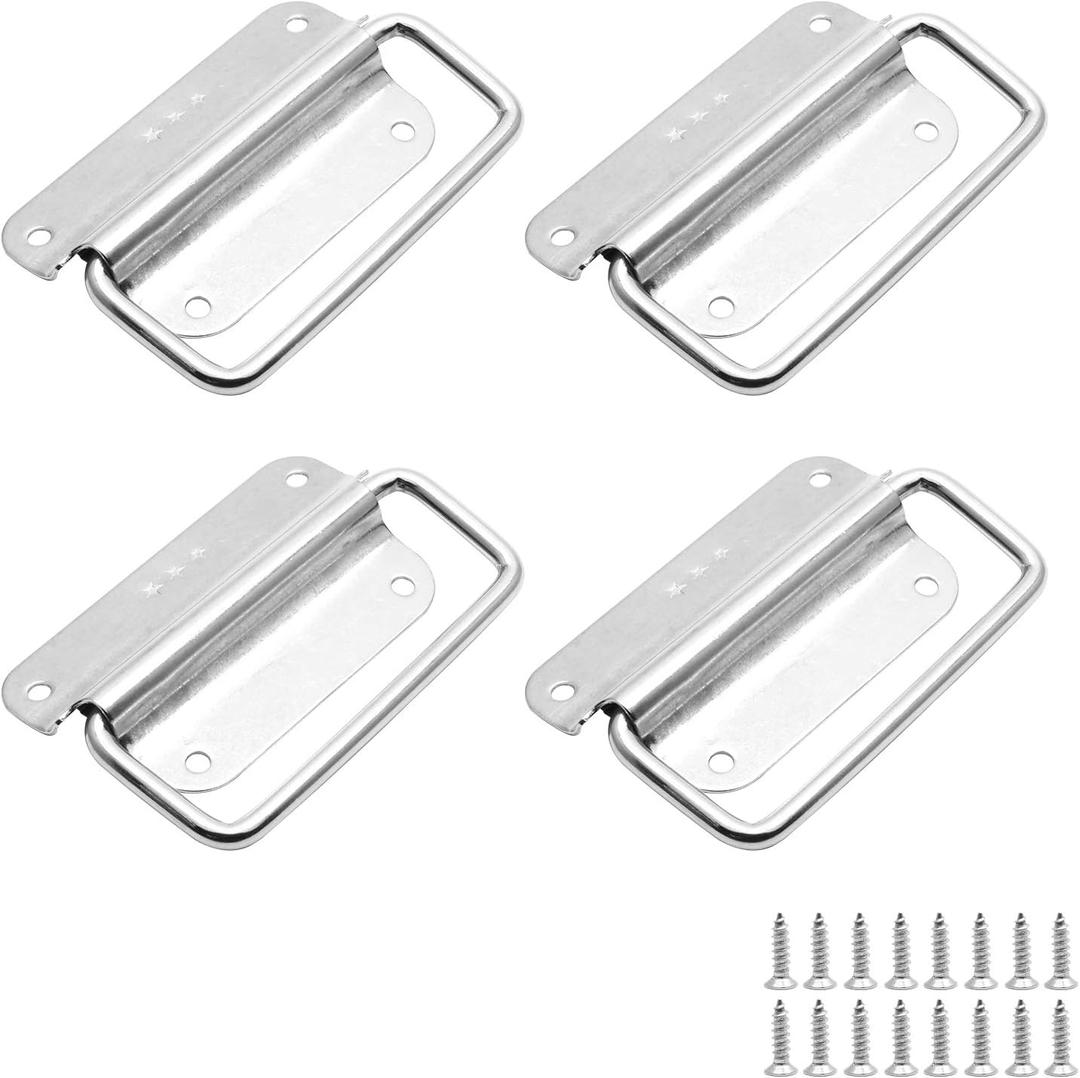 4 Pcs Chest Handles, 3 Inch Pull Handles with Screws, Stainless Steel Foldable Pull Ring Handle for Toolbox, Heavy Duty Surface Mount Case Handle, Silver