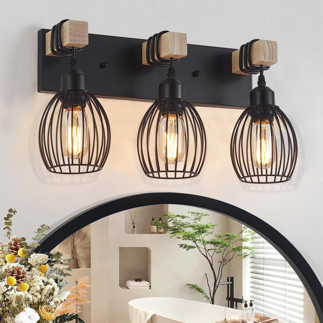 Farmhouse Bathroom Vanity Light, 3-Light Rustic Wood Bathroom Lighting Fixtures Over Mirror, Industrial Black Vanity Lights with Elegant Teardrop Lampshade for Bedroom Living Room Hallway