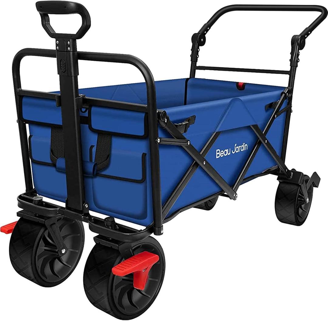 BEAU JARDIN Collapsible Foldable Push Pull Folding Beach Wagon 350lbs Heavy Duty Utility Camping Grocery Garden Sport Wagon with All Terrain Sand Wheels and Brakes Blue (Medium)