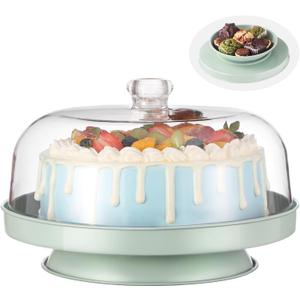 2-In-1 Cake Stand&Charcuterie Board with LidMetal Cake Holder With Acrylic Dome11.2 Large Dessert Display Stand for Cakes&CheesePieChips & DipsFooted Cake Serving Platter with Dome Cover (Cream Green)