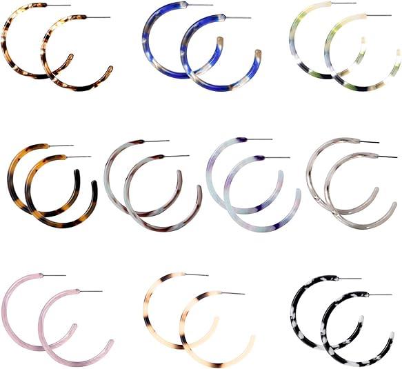 8 Pairs Leopard Hoop Earings Lightweight - Bohemia Statement Hoops Acrylic Resin Round Circle Stud Earring Set - Drop Dangle Ecetate Earrings Green Pink Red for Tweens Women Women (8 pairs)