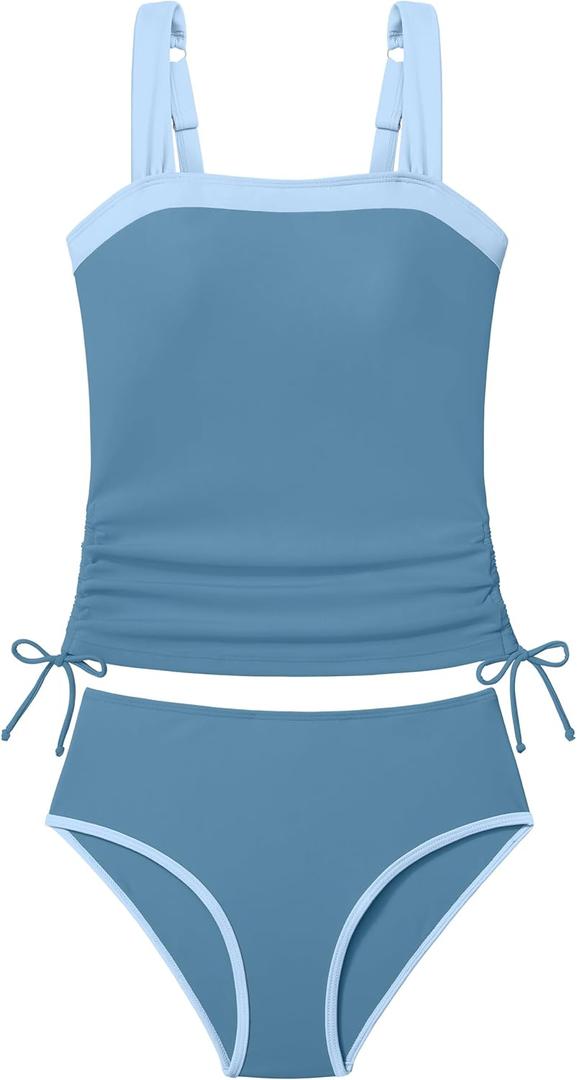 Queenstyle Teen Girls Tankini Swimsuit 2 Piece Bathing Suit Color-Block Drawstring Girls' Swimwear for 15-16 Years
