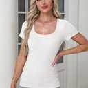 Women's Short Sleeve Tops Casual Scoop Neck Ribbed Knit Slim Fitted Basic Tee Shirts 2025 Summer Trendy Outfits (White, M)