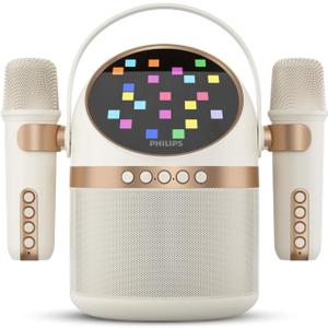 PHILIPS S2508 Portable Karaoke Machine,Party Bluetooth Speaker with 2 Karaoke Microphones,7 H Battery,Multi-Colored Light Modes with Display Screen,6 Vocal Effects,USB,AUX or TF Card Input,Mini,White