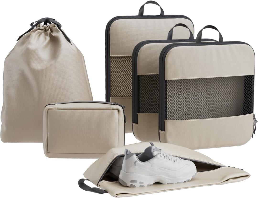6 Set Compression Packing Cubes, Travel Packing Organizers with Breathable Mesh, Space-Saving Lightweight Portable Storage Bags Set for Travel Accessories Luggage Suitcase Backpack, Color: Beige