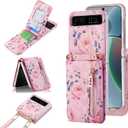 for Motorola Moto Razr 2023 Wallet Case with Crossbody Strap, Flower Pattern PU Leather Flip Cover with Card Holder Zipper Flip Protective Phone Case for Motorola Razr 2023 Pink