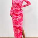 PRETTYGARDEN Women's Bodycon Maxi Dress Fall Spring Fashion Long Sleeve Floral Print Tight Fitted Party Club Ruched Dresses (Pink, L)