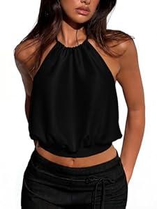 REORIA Women's Halter Backless Crop Top Sexy Sleeveless Summer Going Out Outfits 2026 Trendy Black Small
