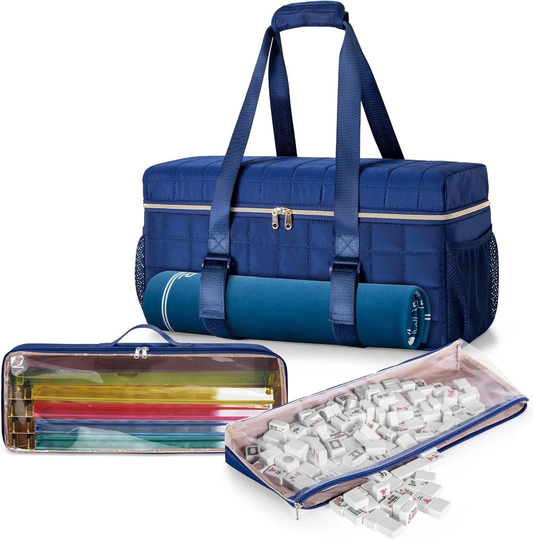 Teamoy 3 Pcs Empty Mahjong Bag, American Mahjong Set Bag with Tiles Bag and Racks & Pushers Bag, Mahjong Tile Set Bag with Game Mat Magic Tape, Dark Blue
