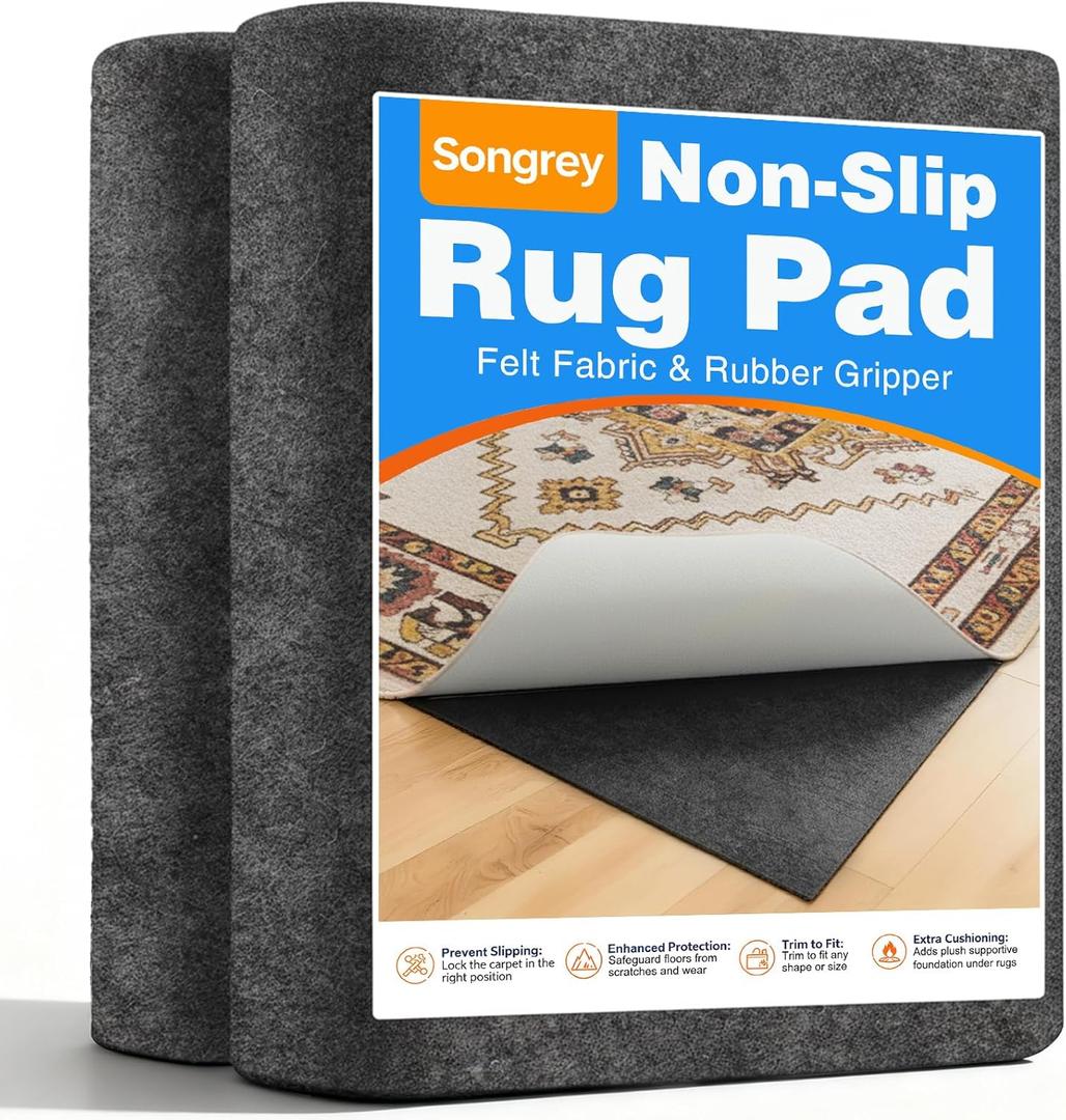 Songrey Non Slip Rug Pad Gripper 8 x 10 Ft, Thick Felt Fabric with Anti Skid Backing, Carpet Pad for Hardwood Floors, Keep Area Rugs in Place and Safe