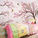 Pink Cherry Blossom Floral Birds Wall Decals Large Cherry Blossom Tree Branch Wall Stickers for Sofa TV Background Wall Decor Bedroom Living Room 67.32x42.91inch