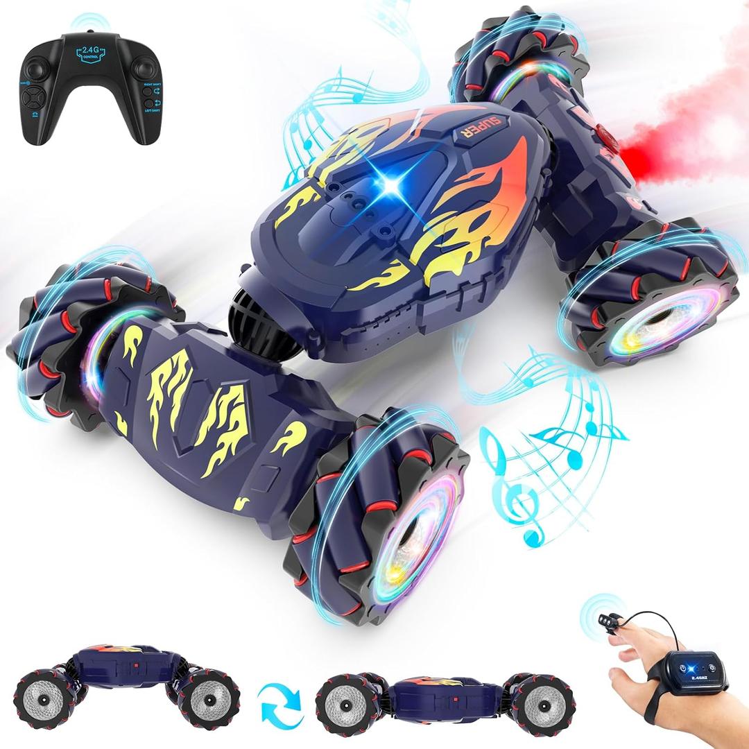 Pristar RC Cars, Gesture Sensing RC Stunt Car Toys for Boys Girls 6-12, 2.4Ghz 4WD Remote Stunt Car with Spray Lights Music 360 Rotate Fast Off-Road Transform, Birthday Xmas Gifts for Kids Age 6-12 (Blue-flame)