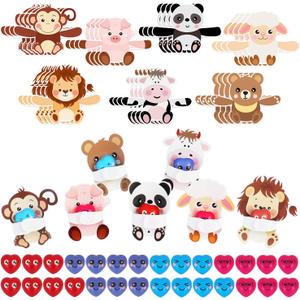 28 Pack Huggable Animal Valentine Cards + Heart Squishy Balls - 7 Animal Designs (Monkey/Panda/Lion) + 4 Colored Slow-Rebound Hearts, Interactive Valentine Exchange Gifts for Classroom & Party Favors