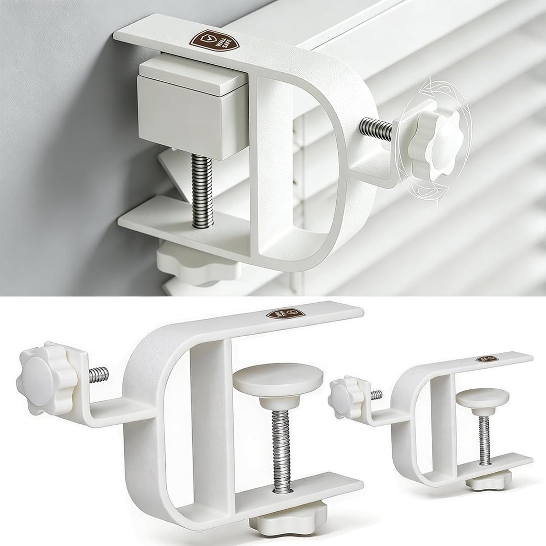 No Drill Over Vertical Blinds Curtain Rod Brackets for Inside & Outside Mounted, Heavy Duty Adjustable Holder Fits 0.75-2" Headrail, Tool-Free No Wall Damage Rental Essentials (White, 2 Pack)