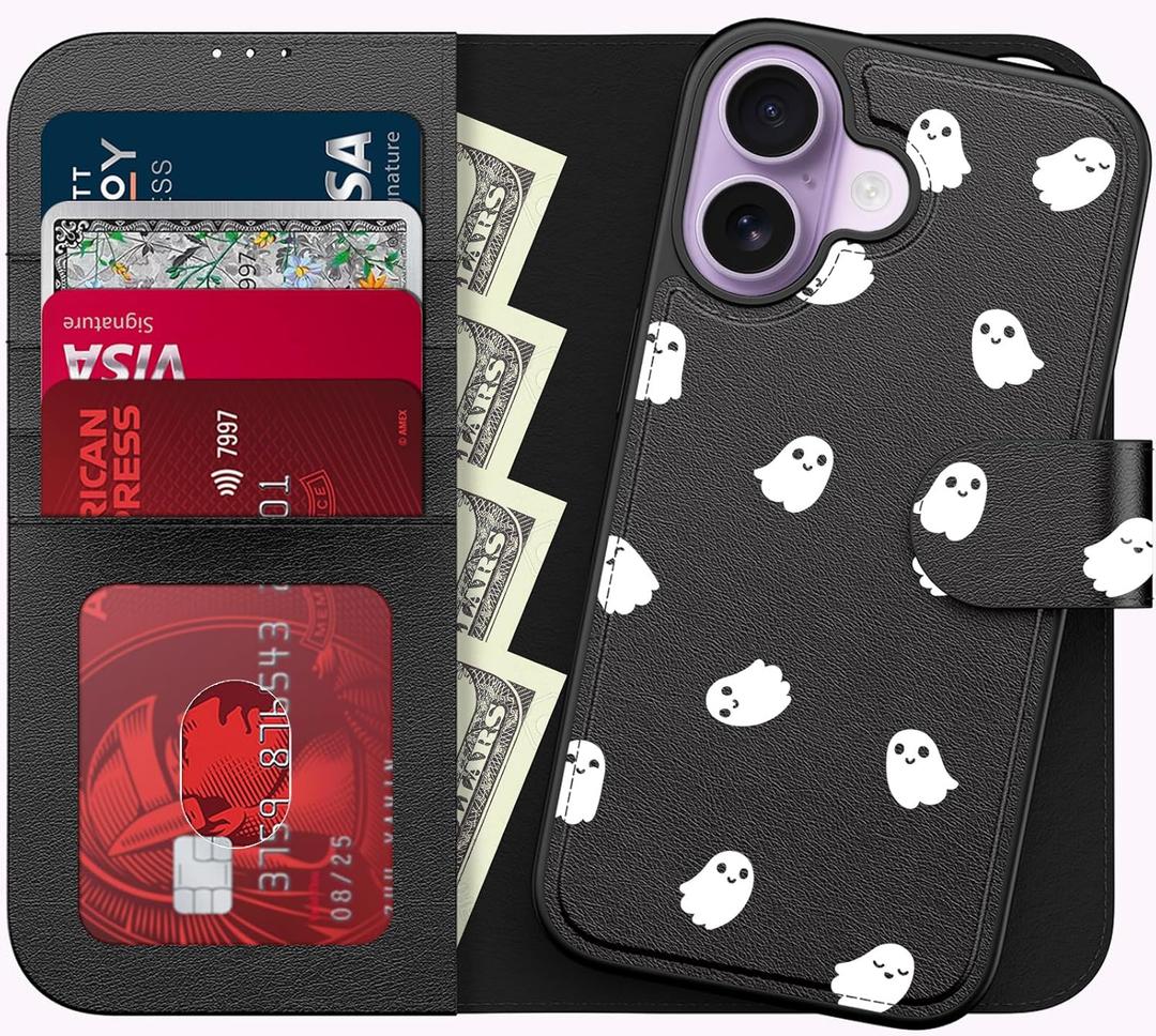 FUNMIKO for iPhone 17 Case Wallet,Detachable Flip Folio Leather Cover,RFID Blocking 4 Card Slots Holder,Magnetic Kickstand,Protective Phone Shell for Women Girls,Cute Little Ghosts