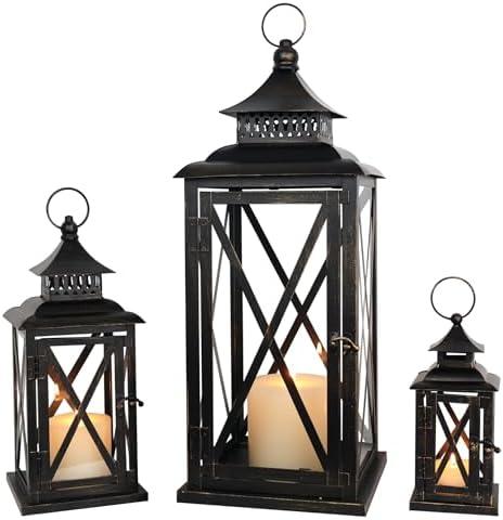 DECORKEY 3PCS (20’’&13’’&9’’) Lanterns Decorative Indoor & Outdoor, Vintage Metal Frame Candle Holders for Front Porch, Patio, Pathway, Balcony, Garden, Yard Decor, Halloween Christmas Decorations
