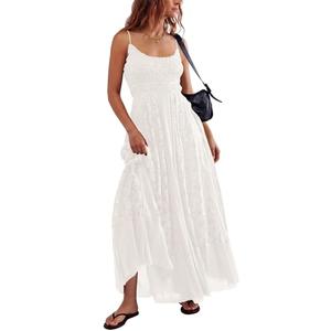 Gacaky Summer Dress for Women Casual Lace Floral Embroidered Bohemian Maxi Dress Flowy A Line Beach Long Dresses White Small