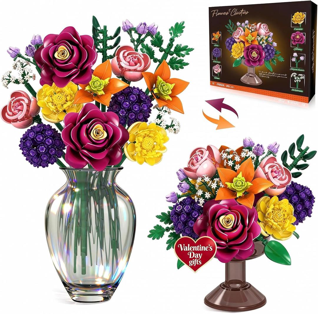 OKKIDY Flower Bouquet Building Set 933PCs, DIY Botanical Kit with Hydrangea, Brodiaea, Rose, Baby's Breath, Home Office Decor for Adults, Gift Ideas Valentine Birthday Mother's Day (No Vase)