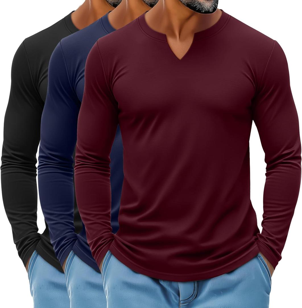 Ficerd 3 Pack Men's Big and Tall V Neck Shirts Cotton Long Sleeve Tops Plus Size Lightweight T-Shirts Casual Basic Tees (X-Large, Black, Navy Blue, Wine Red)