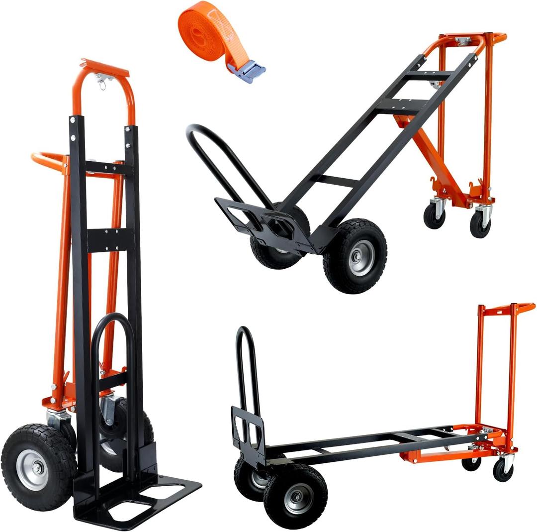 SHUNWATER 4 in 1 Convertible Hand Truck Dolly Cart, Industrial Hand Truck, 1000 Lbs Capacity Hand Trucks Heavy Duty Dolly cart with PU Wheels and Cargo Straps for Moving (Orange)