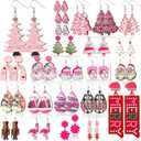 Remuuly 24 Pairs Pink Christmas Earrings for Women Christmas Dangle Earrings Xmas Tree Santa Jewelry for Holiday Party Gifts