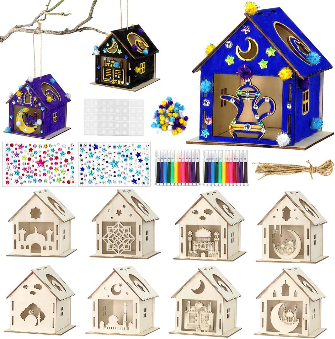 9PCS Ramadan Crafts Wooden House with 24 Paint Pens, Ramadan Activities for Boys and Girls Aged 3-12, Islamic DIY Ramadan Goodies for Eid Mubarak Gifts Favors Party Supplies Bulk Decorations
