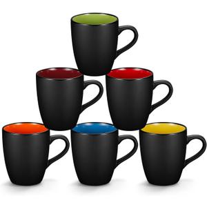 6 Pack Porcelain Coffee Mugs Set, 12 Ounces Ceramic Coffee Mugs, Matte Black Coffee Mug, Restaurant Cups for Coffee, Tea, Cappuccino, Cocoa, Cereal, Black outside and Colorful inside