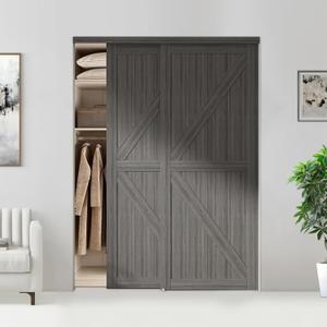 BARNSMITH Sliding Closet Door 60"x80" with Hardware Kit & Matching Fascia, Double K Shape Bypass Closet Door, Solid Wood Slab with Water-Proof & Scratch-Resistant PVC Surface, Preassembled, Gray