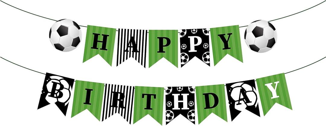 5 x Soccer Happy Birthday Banner, Football Theme Party Decoration for Boys, Girls, Kids, Baby Shower, Green and Black