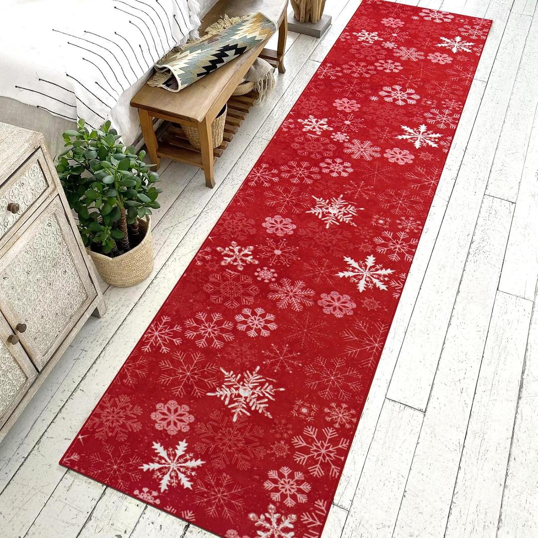 Asrug Christmas Red Rug-2x10 Snowflake Washable Runner Area Rug Antiskid Hallway Throw Runner Holiday Low Pile Large Floor Cover Carpet for Bedroom Living Room Laundry Decor