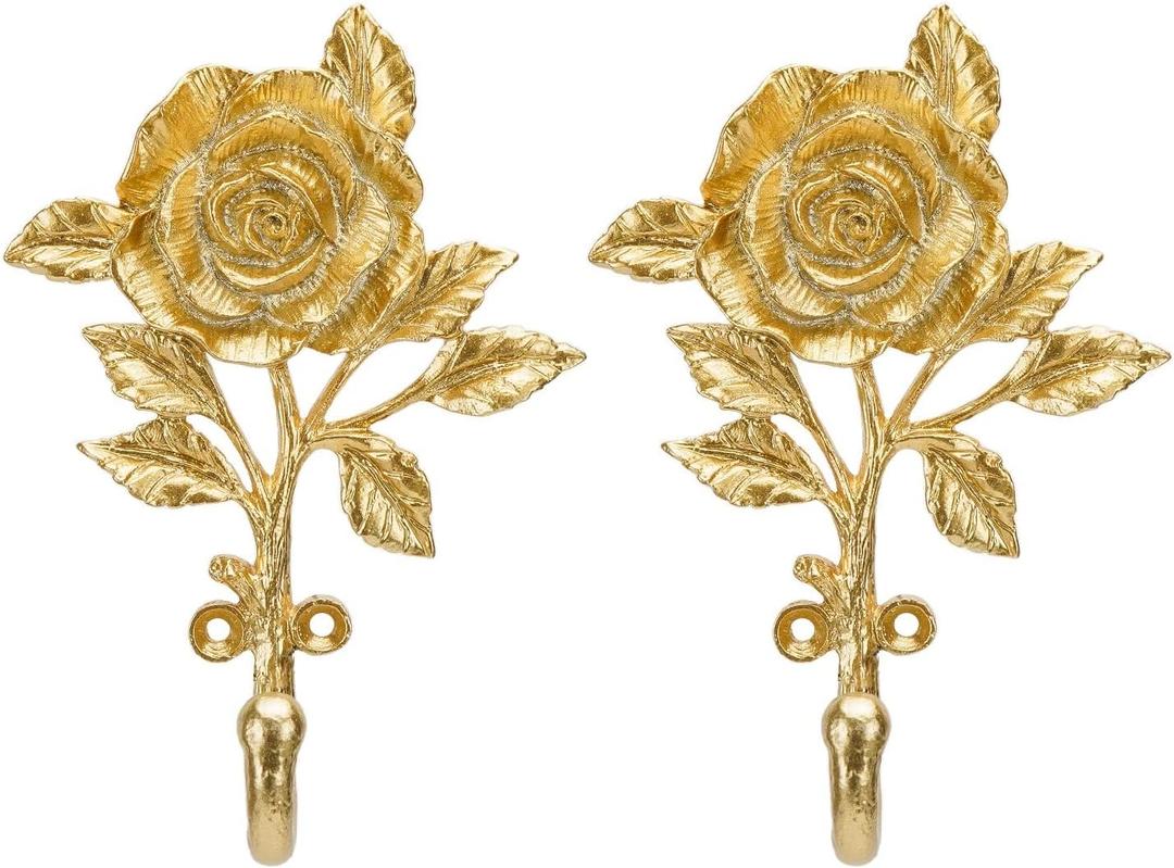 SOFFEE DESIGN 2pcs Golden Single Hooks 3D Flower Retro Ornate Style for Room Wall Mounted Decoration, Coat Hat Scarf Hanging Entry Heavy Duty Hooks, Home Decor
