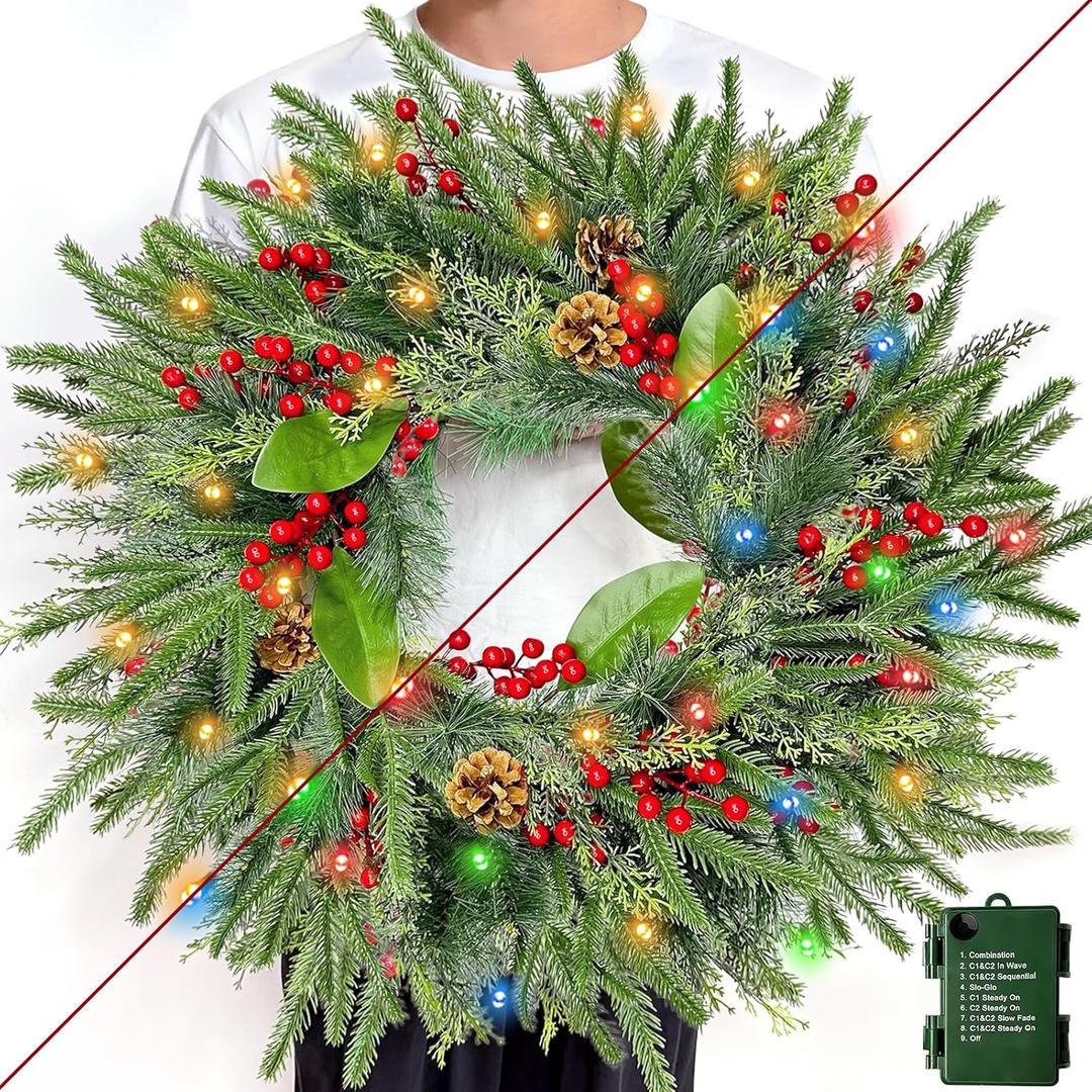24 Inch Prelit Christmas Wreath for Front Door, Real Touch Norfolk Pine Wreath with Dual Color Change & Timer,Artificial Pine Tips,Cypress Leaves,Red Berries and Pinecone for Door Home Outdoor Decor